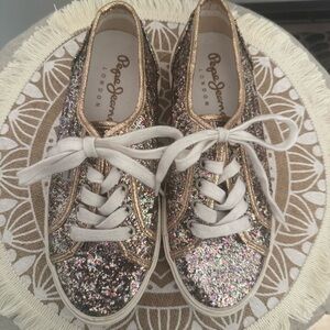 PEPE JEANS Women's Sparkling Sneakers Multicolor Gold Glitter and White SIZE 8.5